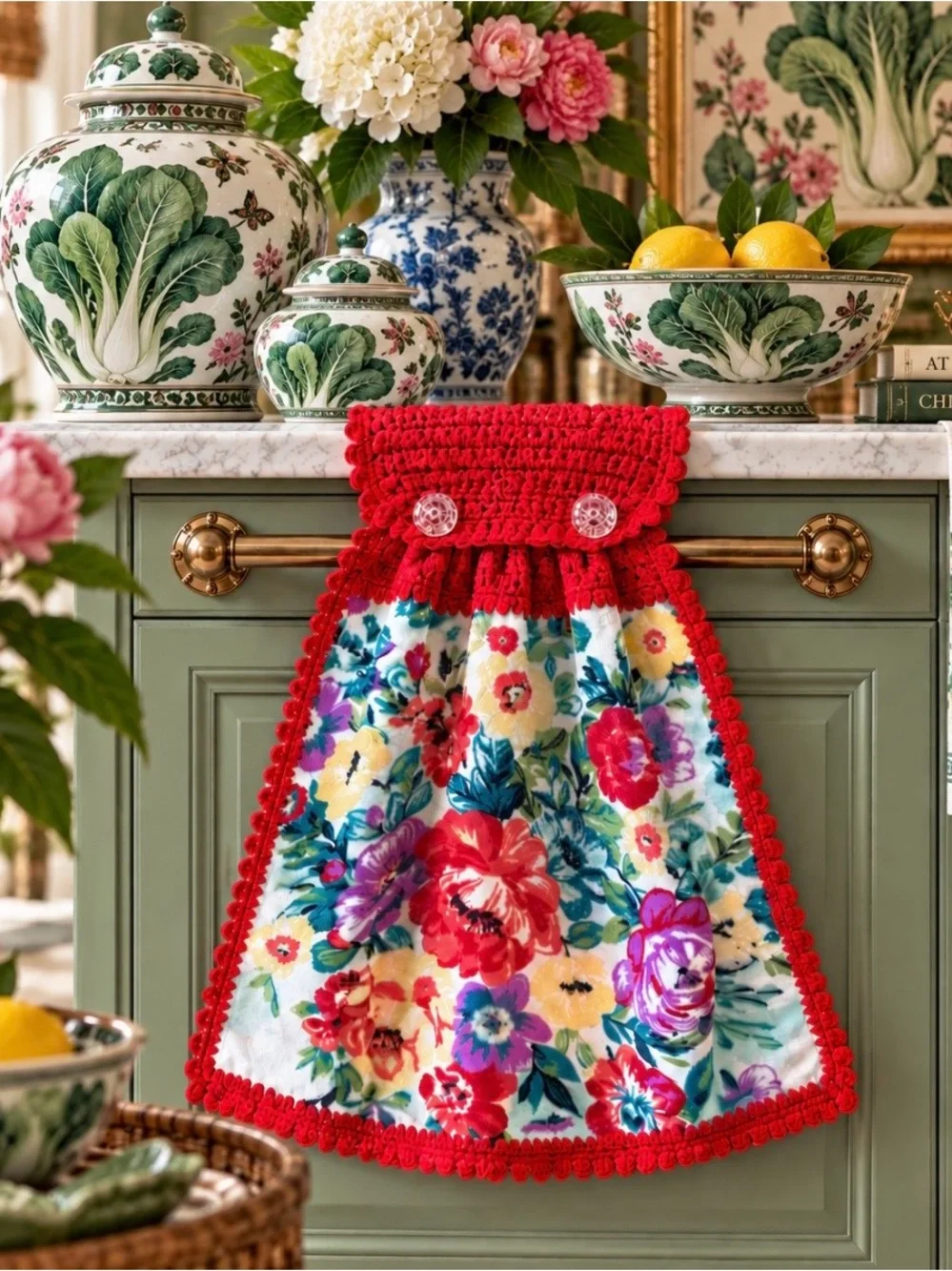 Pioneer Woman Floral Red Crochet Hanging Kitchen Towel